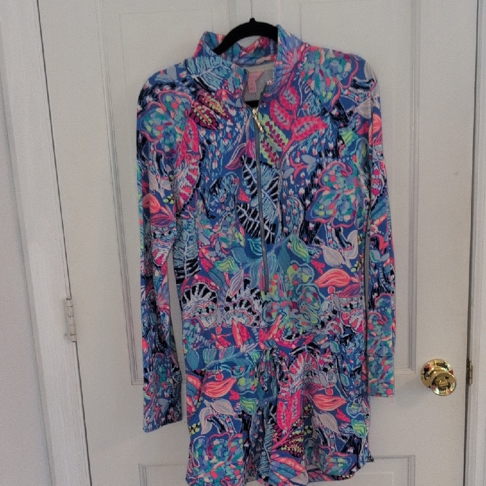 Lilly Pulitzer Blue and Pink Patterned Long Sleeve Zip Up Romper